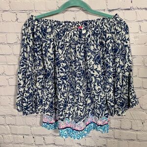 Lilly Pulitzer Nevie Off-the-Shoulder Top Floral Blue Sz XXS Bell Sleeve Preppy